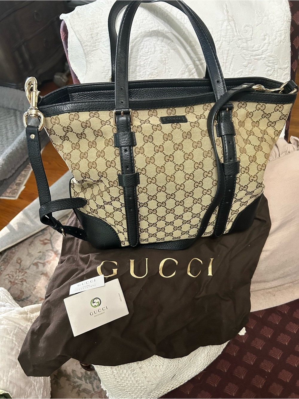 Gucci Beige GG Canvas Tote with Black Leather Accents